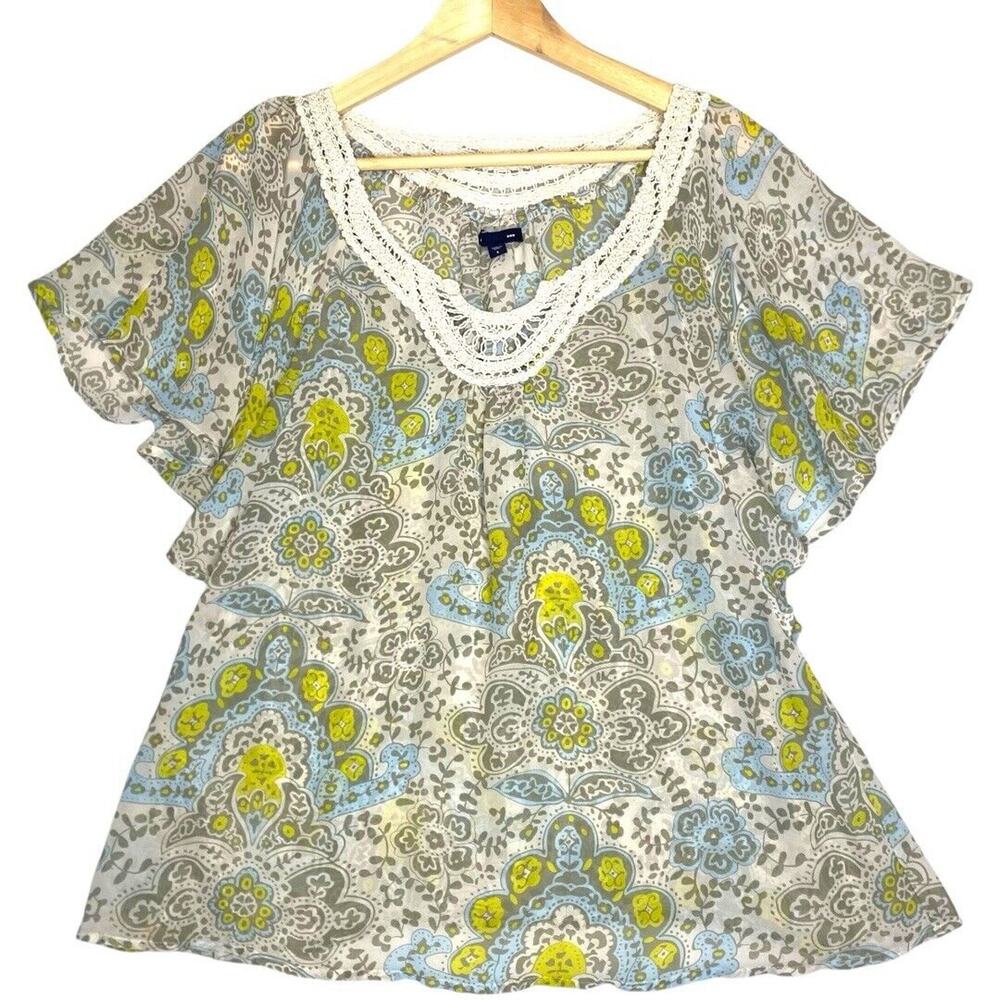 Gap Sheer Floral Blouse Women L Crochet Boho Chic Fairy Cottagecore Casual Beach
